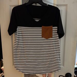 Black and White Striped T-Shirt with Brown Pocket
